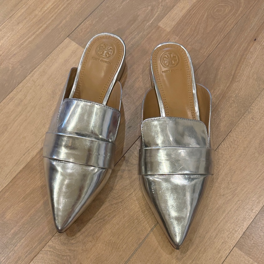 Tory Burch Metallic Silver Pointed-Toe Slip-On Mules